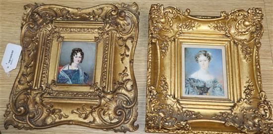 C W Thompson, head and shoulder portrait of a lady and another watercolour on ivory miniature portrait of a lady